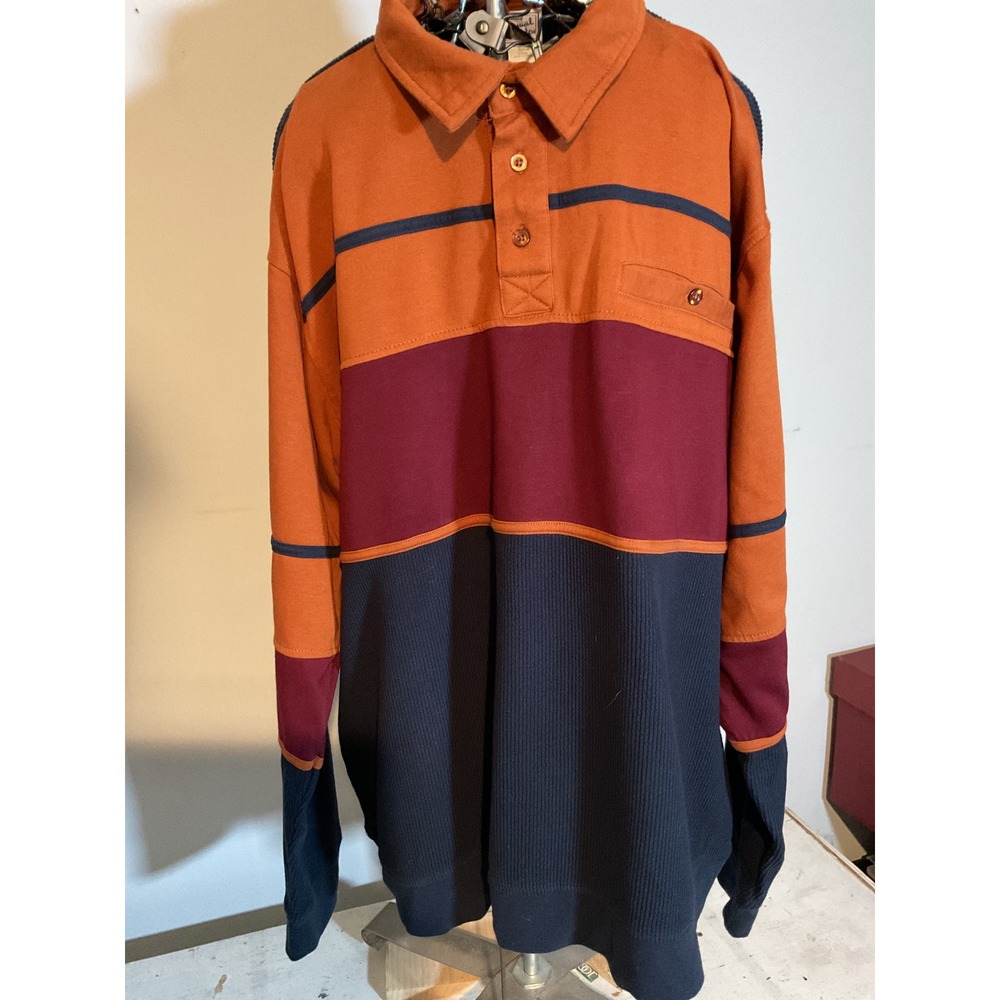 Haband Casual Joe Mens XX Colorblock Long Sleeve Polo Shirt Orange Burgundy Navy